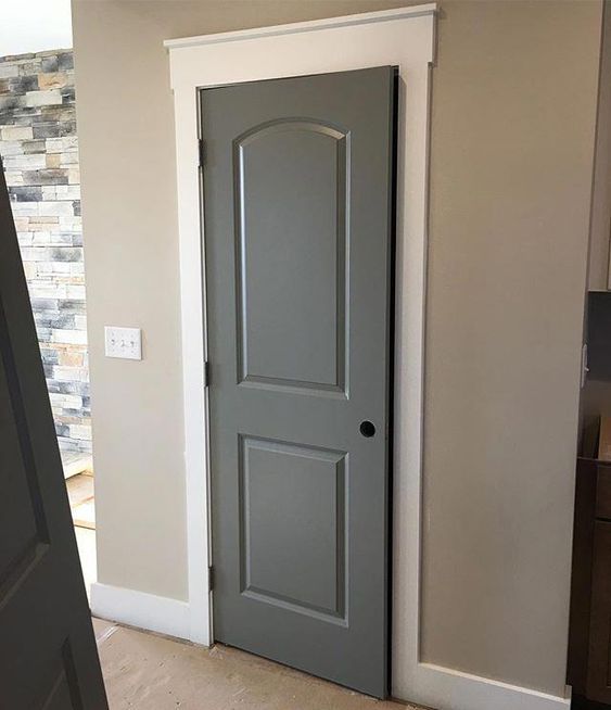 "Accessible Beige" SW7036 walls by Sherwin Williams. "French Gray" SW0077 door color by Sherwin Williams