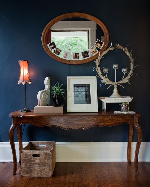 Dark paint, entryway.   http://www.designsponge.com/2012/10/sneak-peek-molly-robert-josiah-bingaman.html#