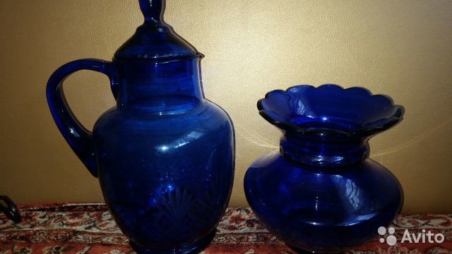 Кувшин и ваза синее цветное стекло— фотография №1