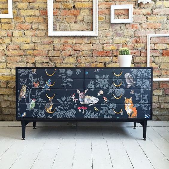 Upcycled vintage retro solid wood chest of drawers decoupage woodland print