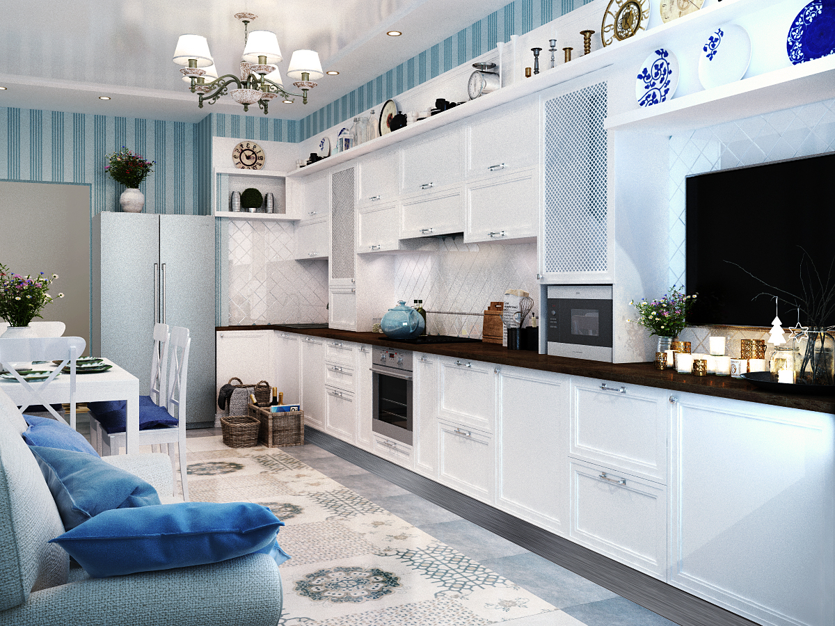 Бело голубая кухня Неоклассика