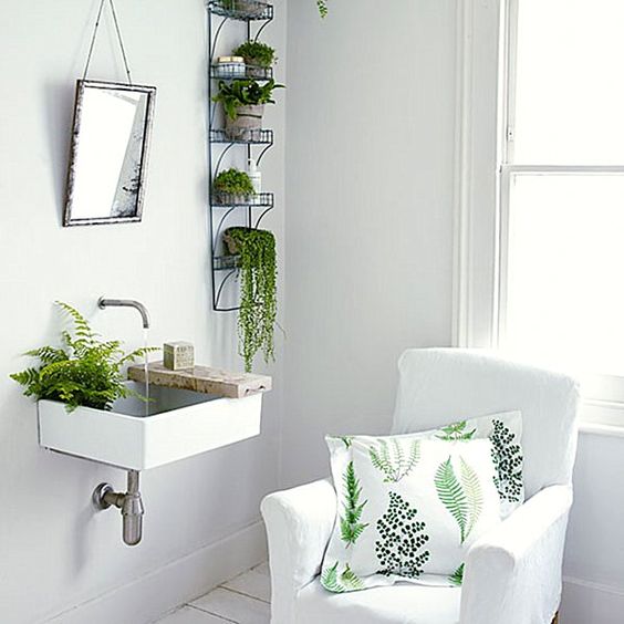 Green ferns in a white bathroom [ Wainscotingamerica.com ] #Bathrooms #wainscoting #design