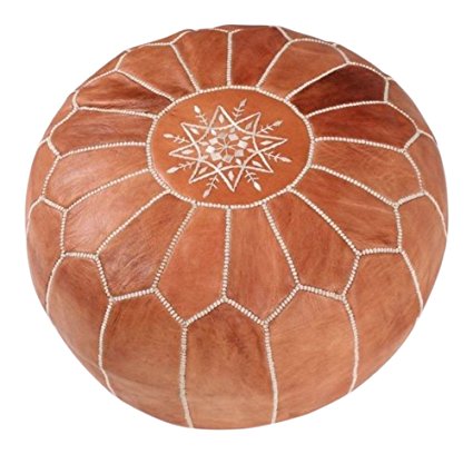 MaisonMarrakech | Beautiful Handmade Real Moroccan Tan Brown Leather Footstool Pouf from Marrakech | Colour Tan Brown with White Stitching | Delivered Unstuffed