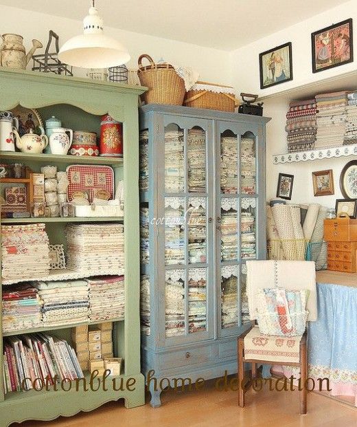 Shelves and shelves of fabric. Closed doors help to keep fabric safe and clean.