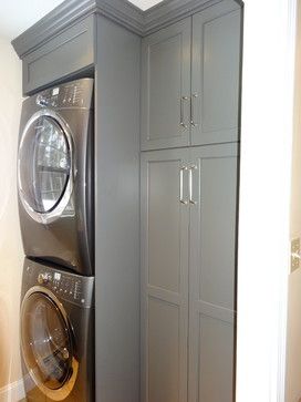 Laundry Room Renovation To maximize storage I opted for a stackable w/d in a great steel color. Adjacent is a tall split cabinet with one open side for the ironing board, broom, mop, etc and the other all shelves. Designed by Peapod Interiors