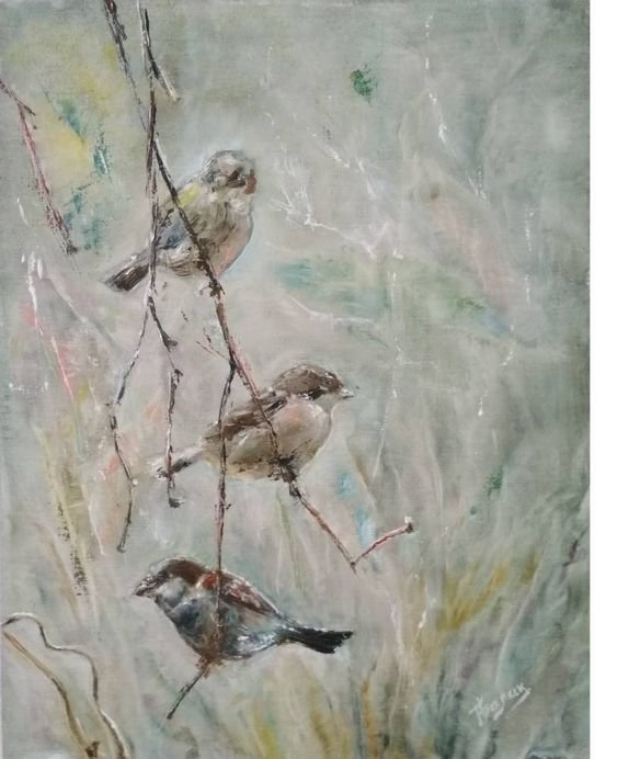 Sparrows, oil on canvas. Nadia Blakina art.  Воробьи /холст, масло