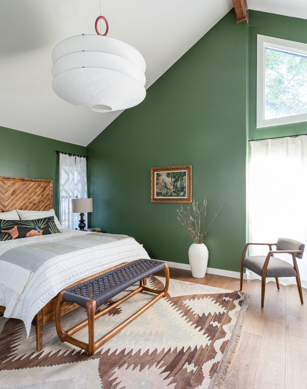 ERIN WILLIAMSON | OKENA ALLIGATOR ALLEY GREEN BEDROOM VINTAGE RUG PAPER LANTERN