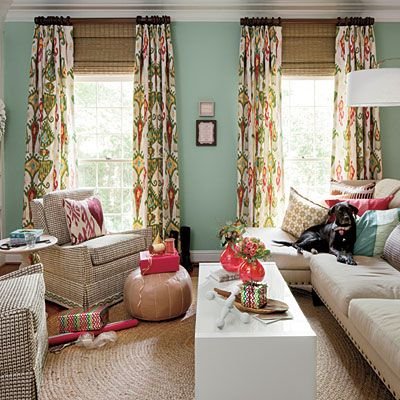 Perfect mix of color and pattern. Love the #ikat #curtains. | SouthernLiving.com