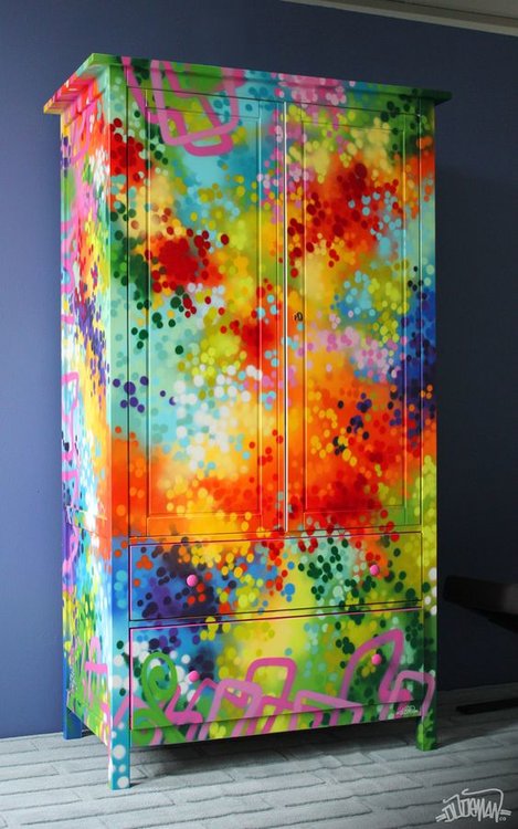Armoire paint job commissioned for a Chatelaine Magazine photoshoot, published in the March 2012 issue.  Spray paint with a touch of paint marker.