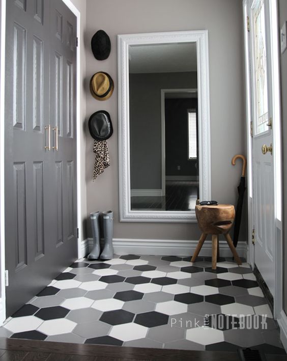 A Front Foyer makeover – Before & After. A modern yet youthful design using pattern tile in black, white, grey | pink little notebook