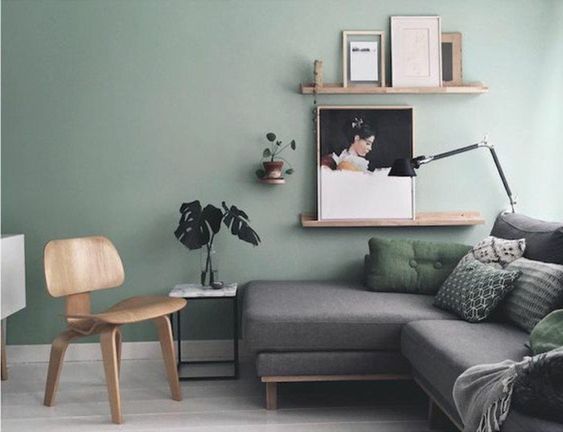 mur couleur vert pastel, canapÃ© gris, deco salon moderne aux lignes Ã©purÃ©es, atmosphÃ¨re zen et artistique