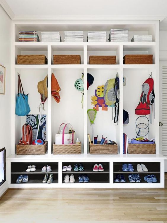 A back door built-in storage area for shoes and sporting equipment on HGTV.com.