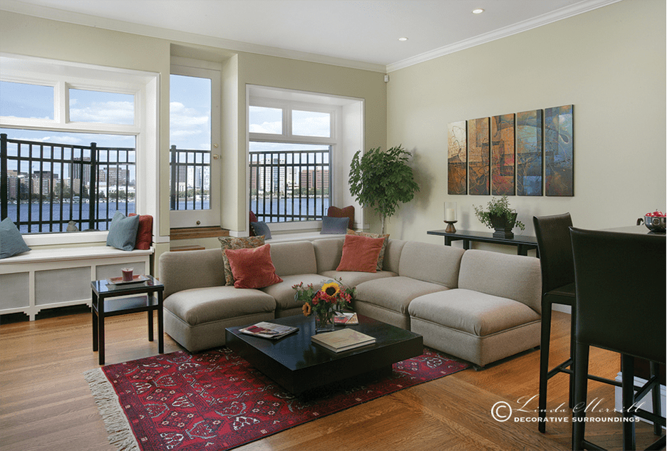 Bachelor penthouse condo in Boston, modern, transitional style, masculine, red, beige, design by Linda Merrill Interior Design Portfolio