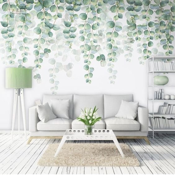 Watercolor Hand Painted Dark Green Vine Leaves Wallpaper Wall Mural, Spring Green Vine Leaf Wall Mur