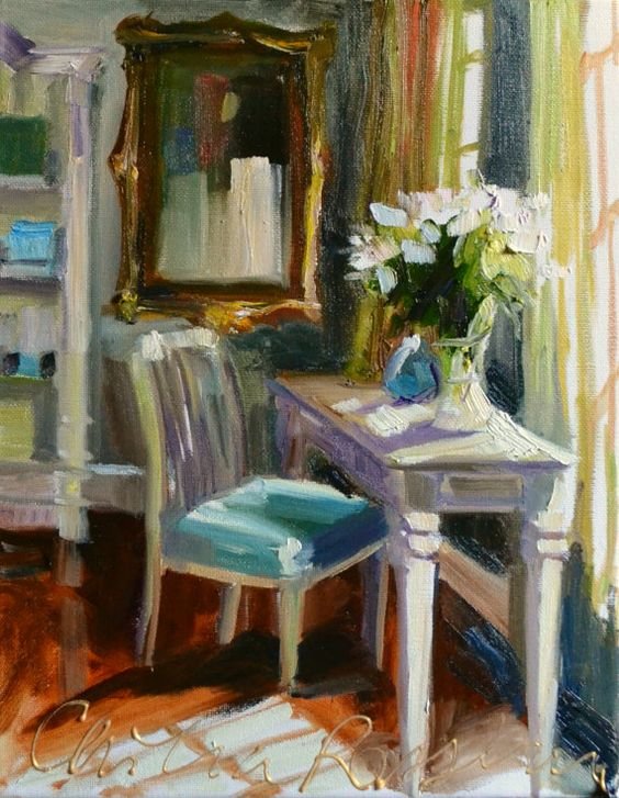 CHAMBRE BLEUE Art Print of Original Oil Painting, Sunlit Blue Room