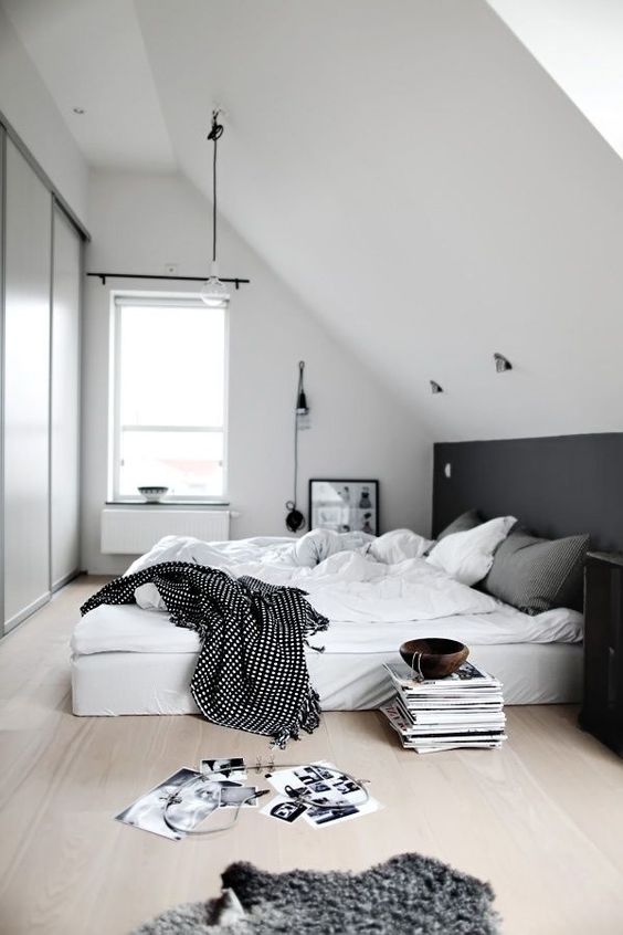 Black and white bedroom. Add some mix and match black and white fabrics to create this look.