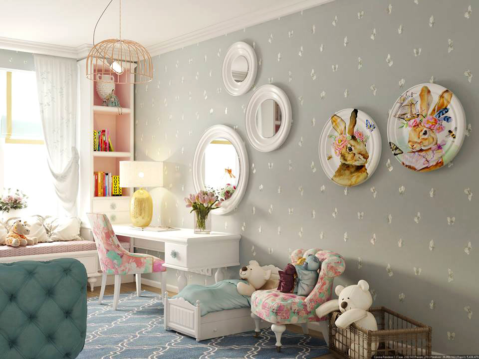 милый интерьер детской комнаты с зркалами и красивой мебелью фото
