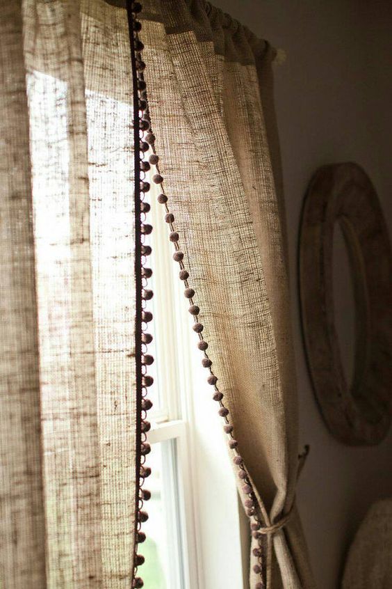 No oder Natural burlap curtain panel with pom pom trim/ country farmhouse drapes living room decor /