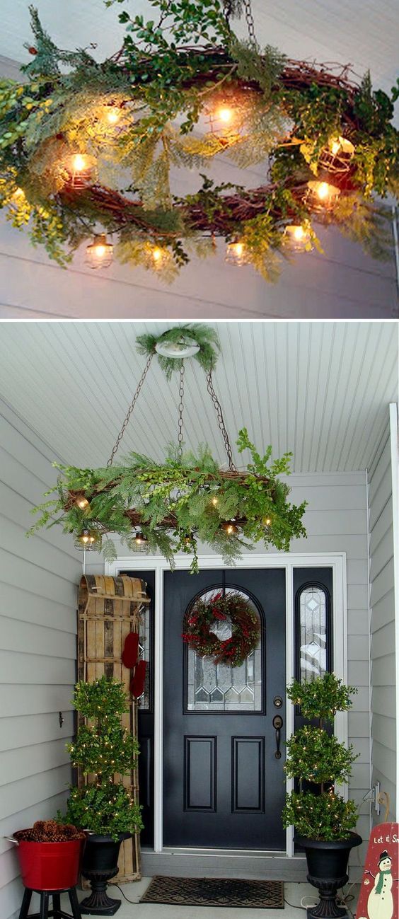 Christmas wreath hung in place of your porch light. What a beautiful addition to your Christmas decorations!