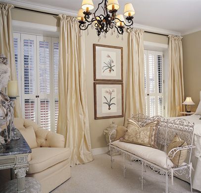 shutters with window drapes