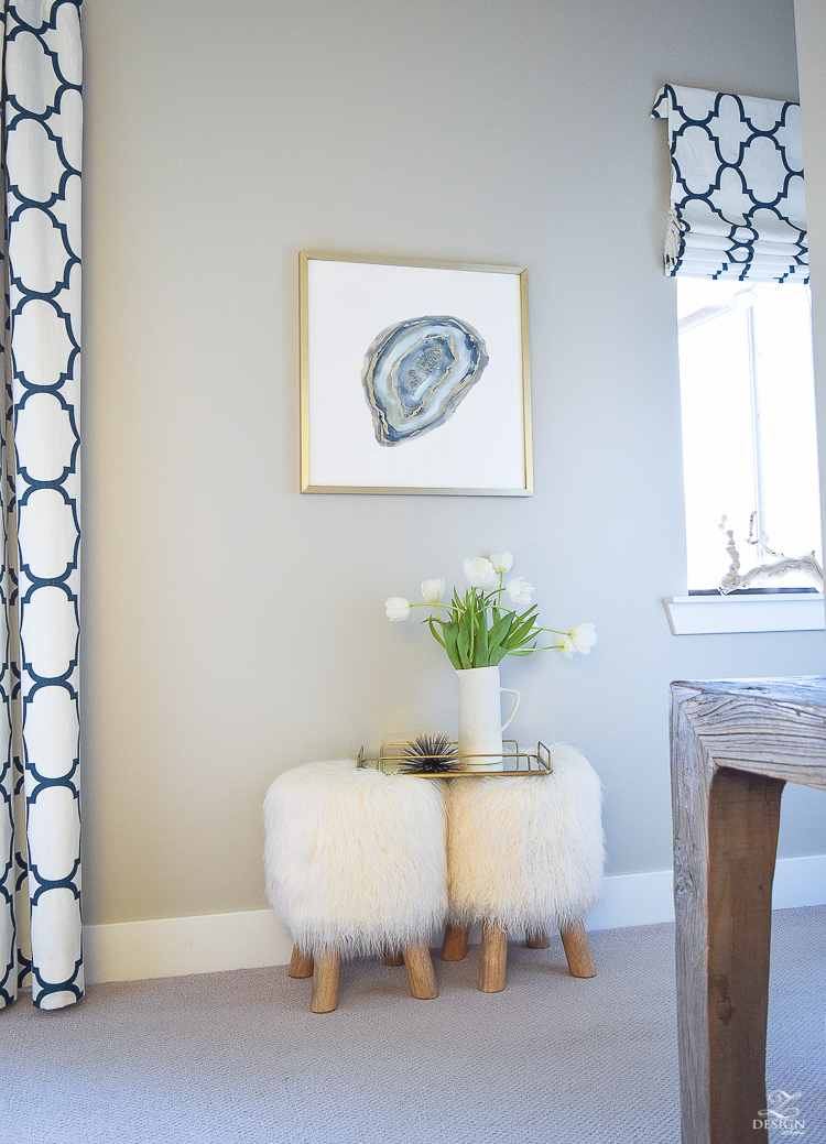 minted art aqua agate by amy lighthall artist fur stools kravet riad drapes in navy colonade gray paint gray carpet-4