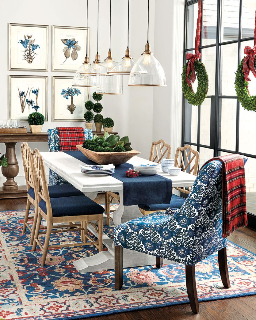 Topiary on the dining table in blue and red room | Ballard Designs