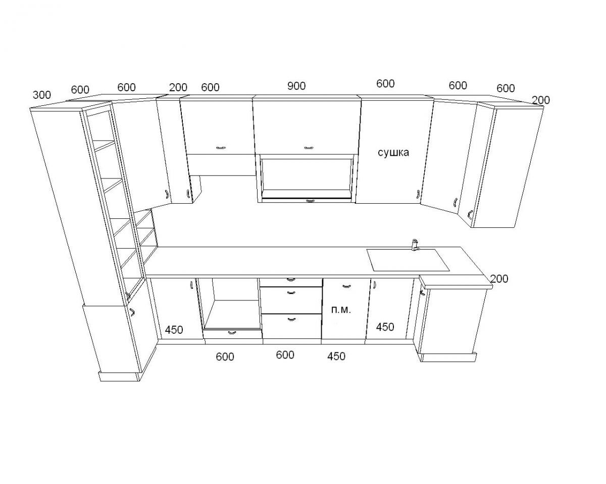 Чертежи кухонь угловых с размерами деталей