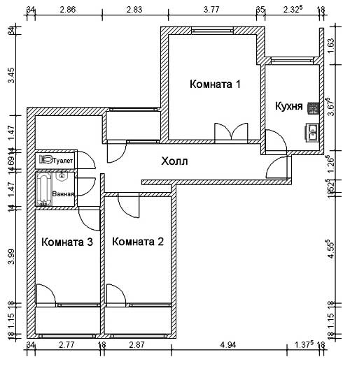 Чертеж квартиры 3 комнаты