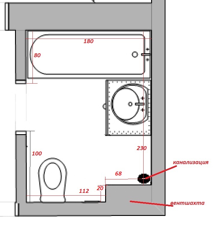 Чертеж санузла с трубами