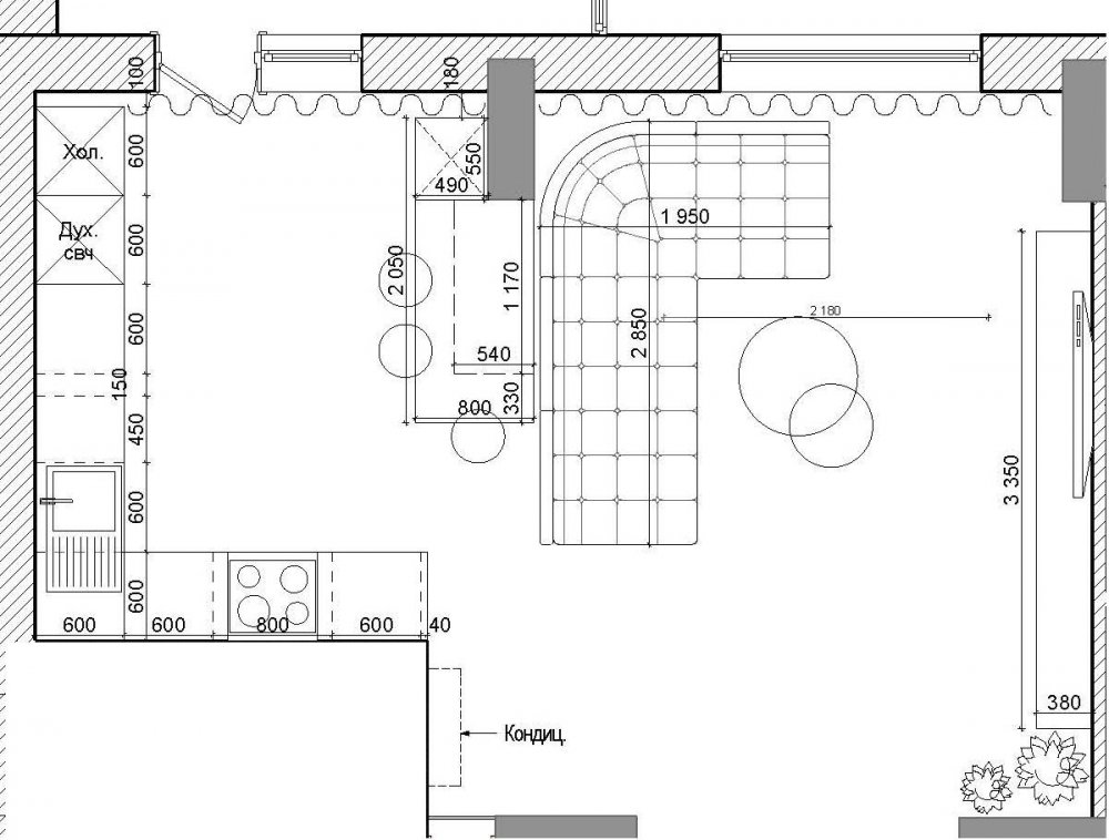 План кухни гостиной