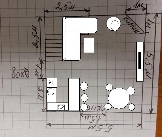 Помогите сделать планировку первого этажа гостинная-кухня