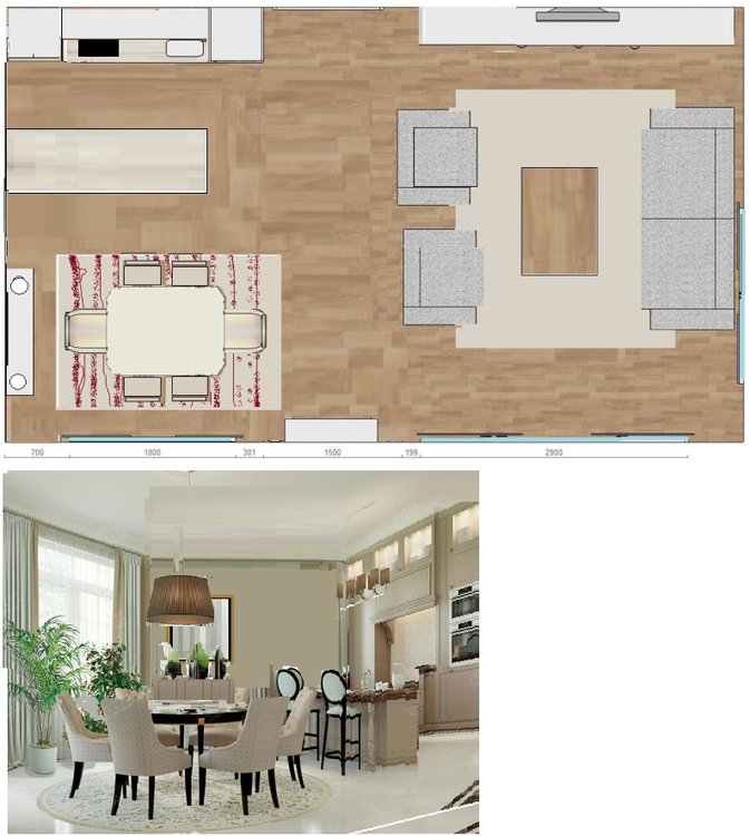 Помогите увидеть реальную картинку гостиной - кухни в одноэтажном доме.-2