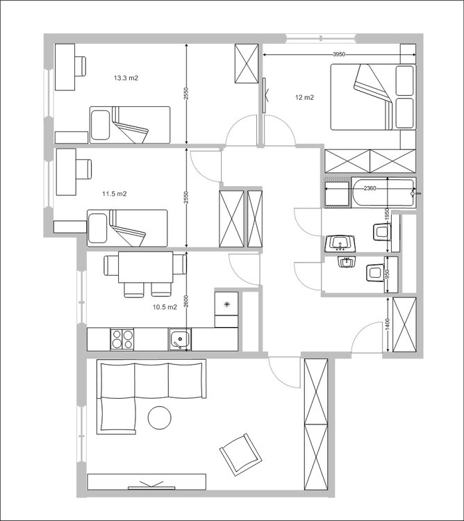 Перепланировка 3-х комнатной 85м2