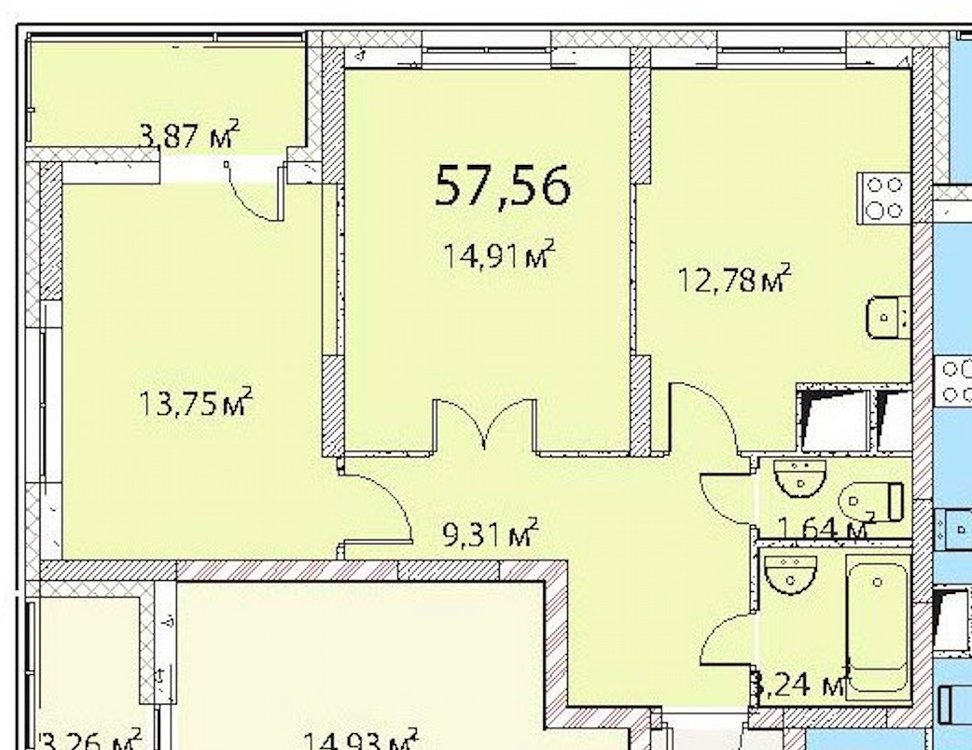 Планировка двухкомнатной квартиры 57 м2