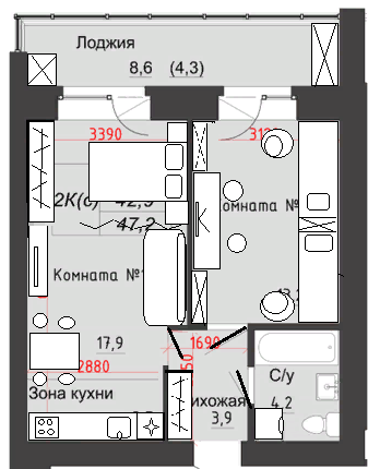 Кухня, гостиная и спальня.