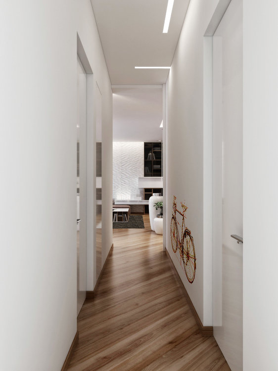 breathtaking-white-interior-corridor-art-with-bicycle-wall-decals-as-well-as-unique-wood-flooring-laminate.jpg