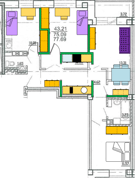 Планировка 3-к квартиры 77,69м2
