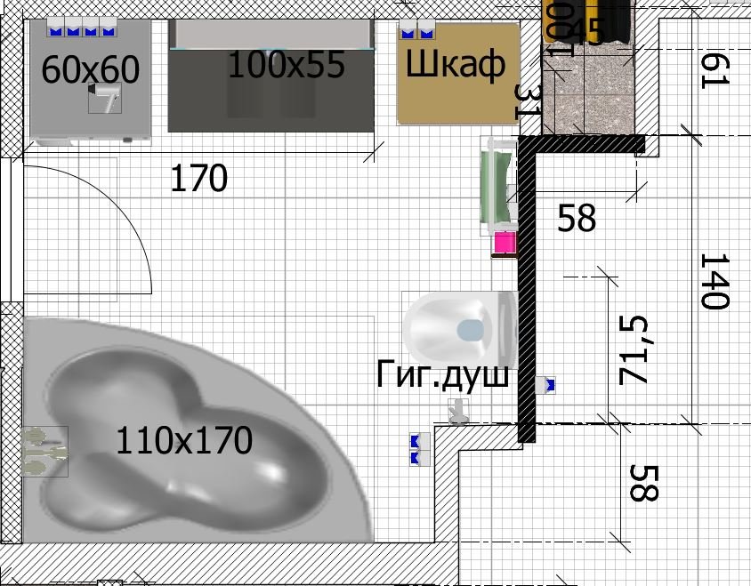 Санузел 6,5 кв.м. с выступами