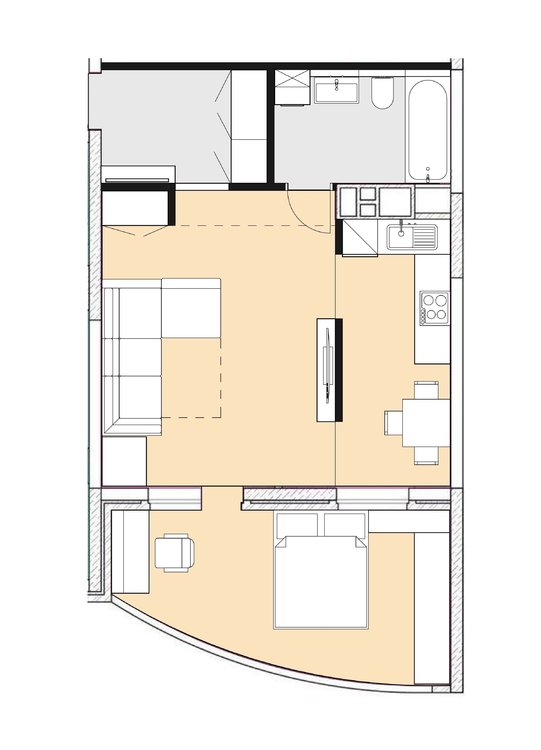 Планировка однокомнатной квартиры с полукруглой лоджией
