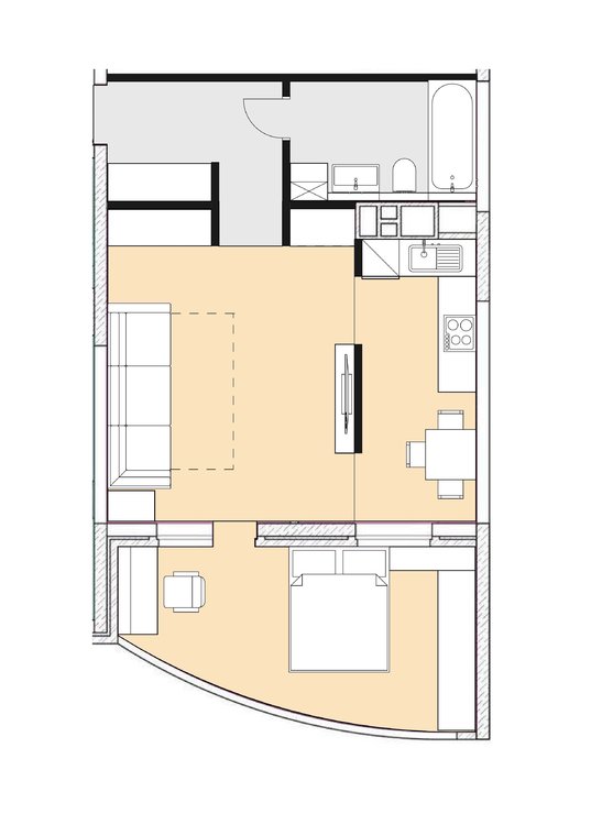Планировка однокомнатной квартиры с полукруглой лоджией