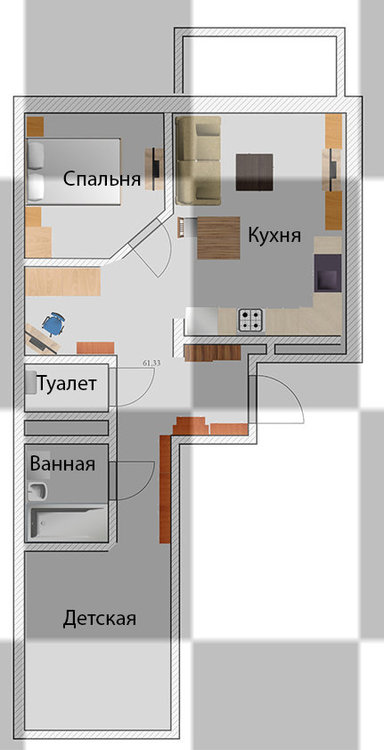 Планировка 2х комнатной распашной квартиры 57 кв. м-2