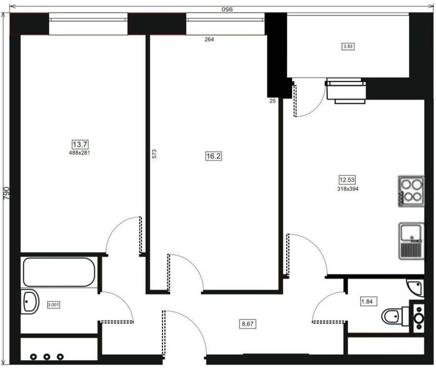 Перепланировка 2х комнатной квартиры 58 кв.м.