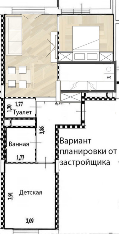 Планировка 2х комнатной распашной квартиры 57 кв. м