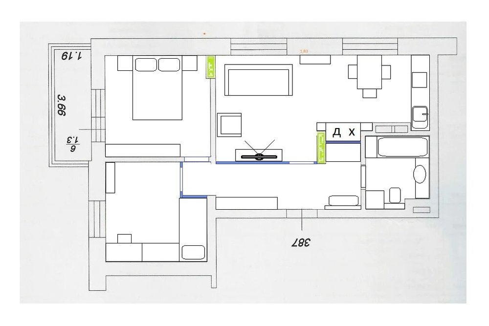 2-х комнатная квартира с ооочень длинной и узкой кухней