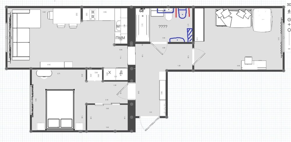 Двушка-распашонка 60 кв.м. с несущей стеной посередине. Нужна гардеробная и просторная кухня-гостиная