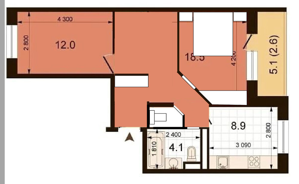 Перепланировка 2-хкомнатной квартиры 55кв.м.