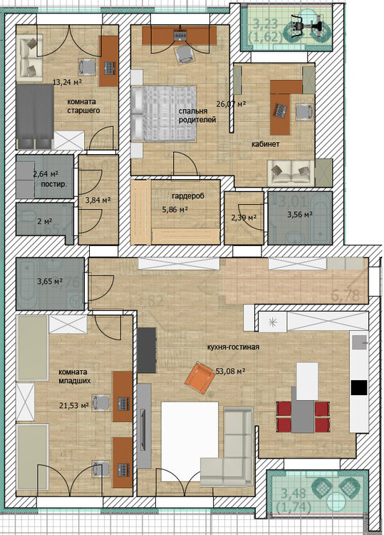 Объединение 2 квартир для многодетной семьи (93м2+39м2)