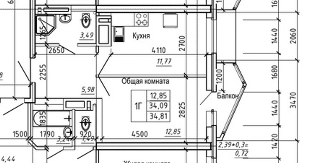 Грамотная перепланировка 1 комнатной квартиры площадью 34 м.-2