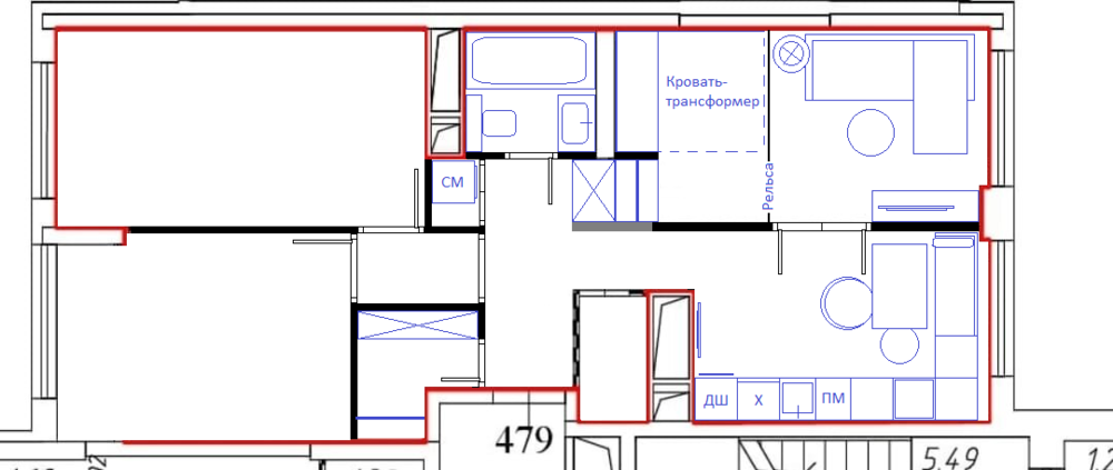 Пранировка трехкомнатной распашенки для четверых.